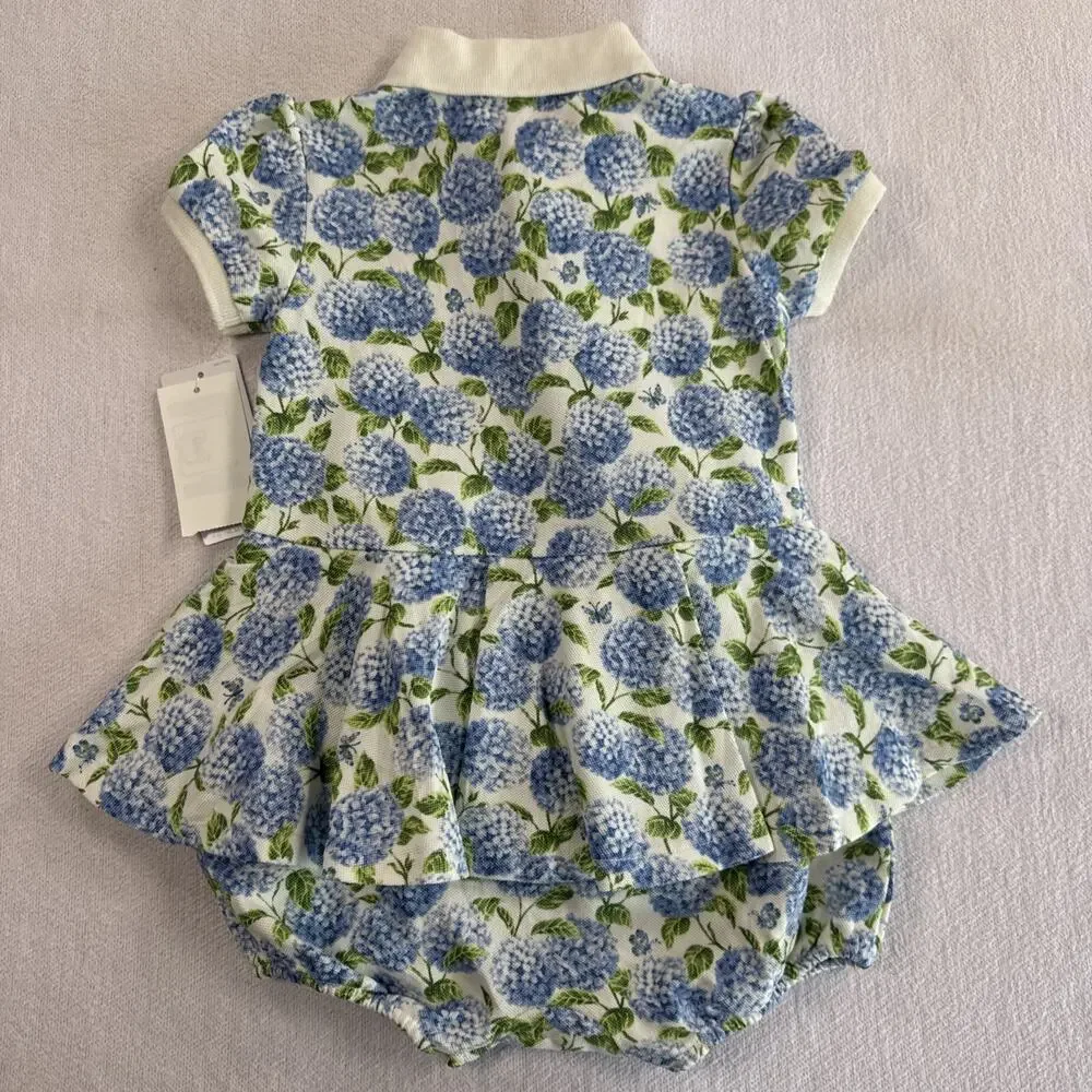 Ralph Lauren Romper Girls 24 Months Blue Floral Collared Ruffle One-Piece NWT